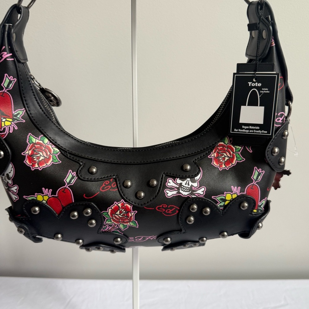 Ed Hardy Black Shoulder Bag with Red Rose & Heart Print - Picture 2 of 11